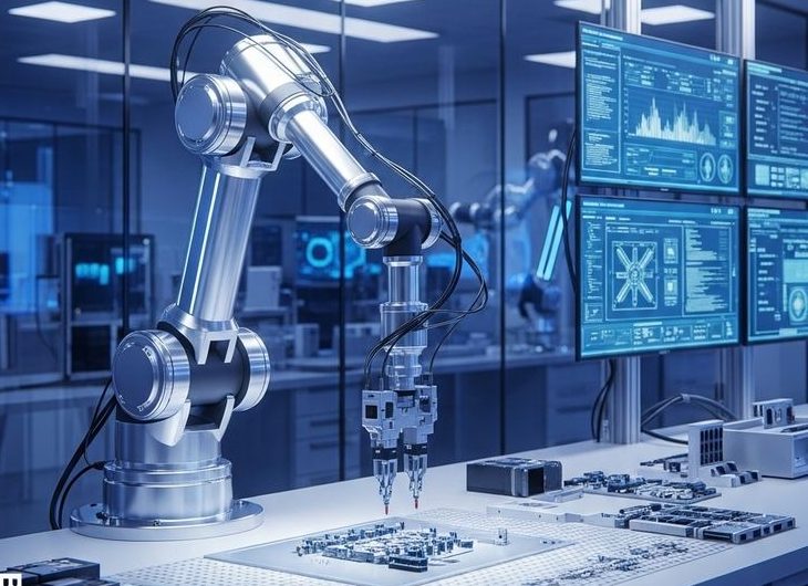 High-Tech Robotic Arm Working in Modern Innovation Lab